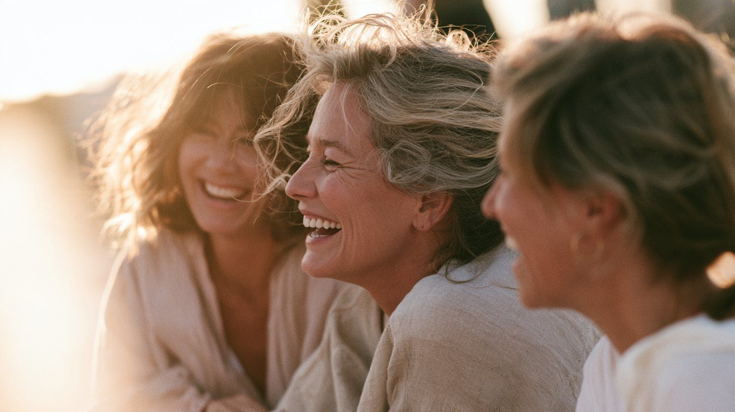 Three women in their late 40s and 50s laughing together in warm sunlight