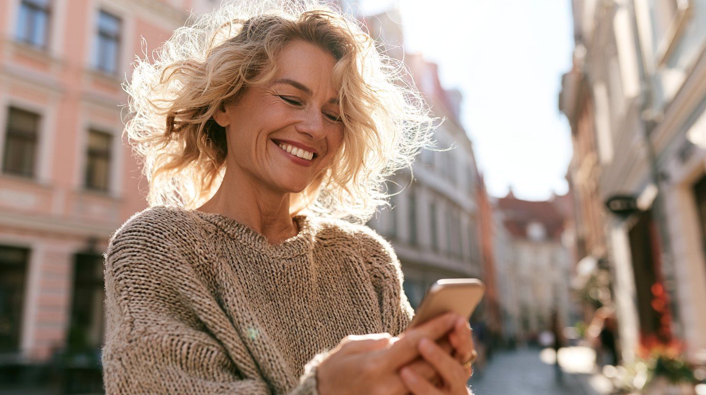 Woman in her 40s smiling at her phone on a sunny street