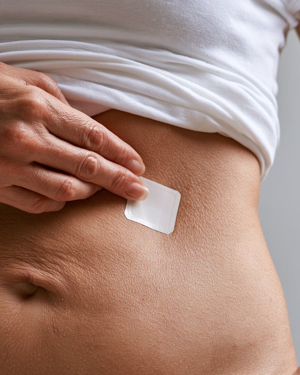 Close-up of a hand pressing a hormone patch onto the lower abdomen