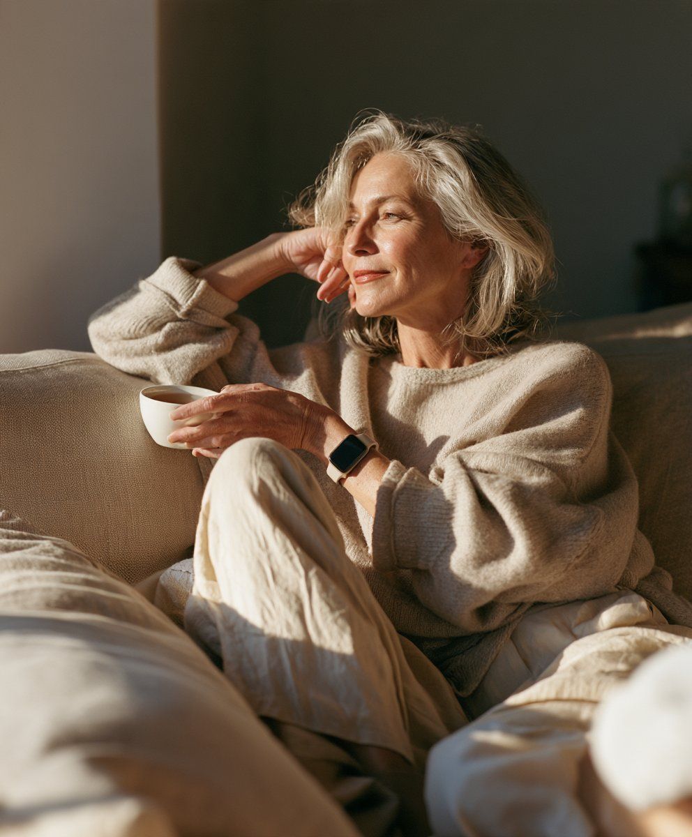 Woman in her late 40s relaxing on a sofa with tea, wearing a smartwatch